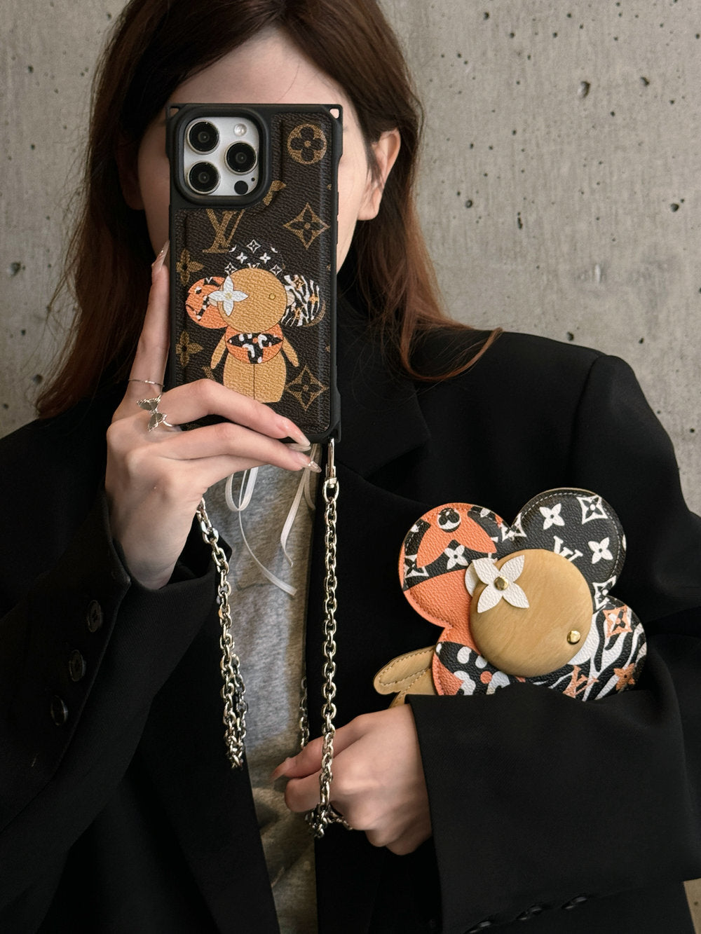 Monogram Bear Leather iPhone Case with Gold Chain Strap