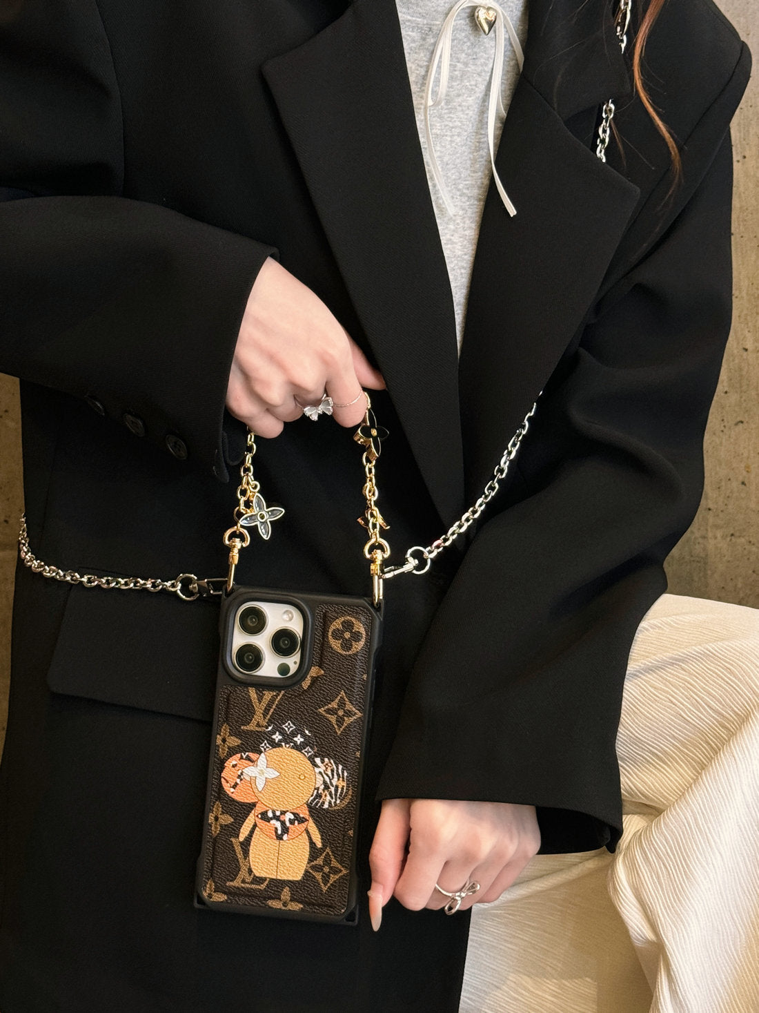 Monogram Bear Leather iPhone Case with Gold Chain Strap