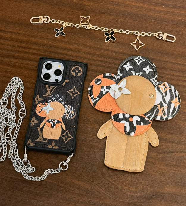 Monogram Bear Leather iPhone Case with Gold Chain Strap
