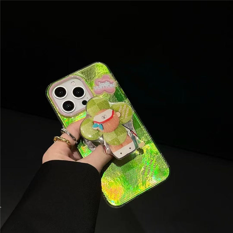 Cute Green Checkered Cartoon iPhone Case with 3D Stand Grip Holder