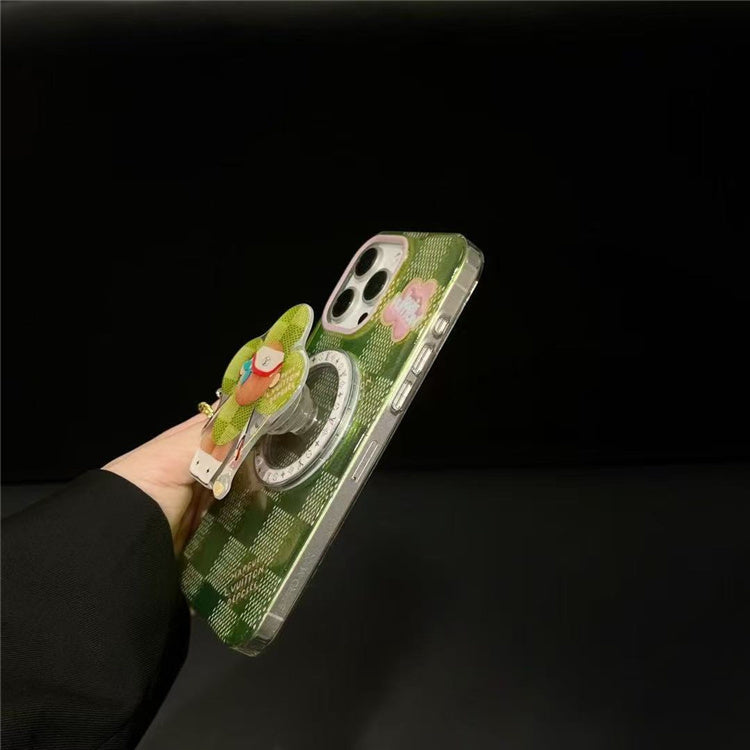 Cute Green Checkered Cartoon iPhone Case with 3D Stand Grip Holder
