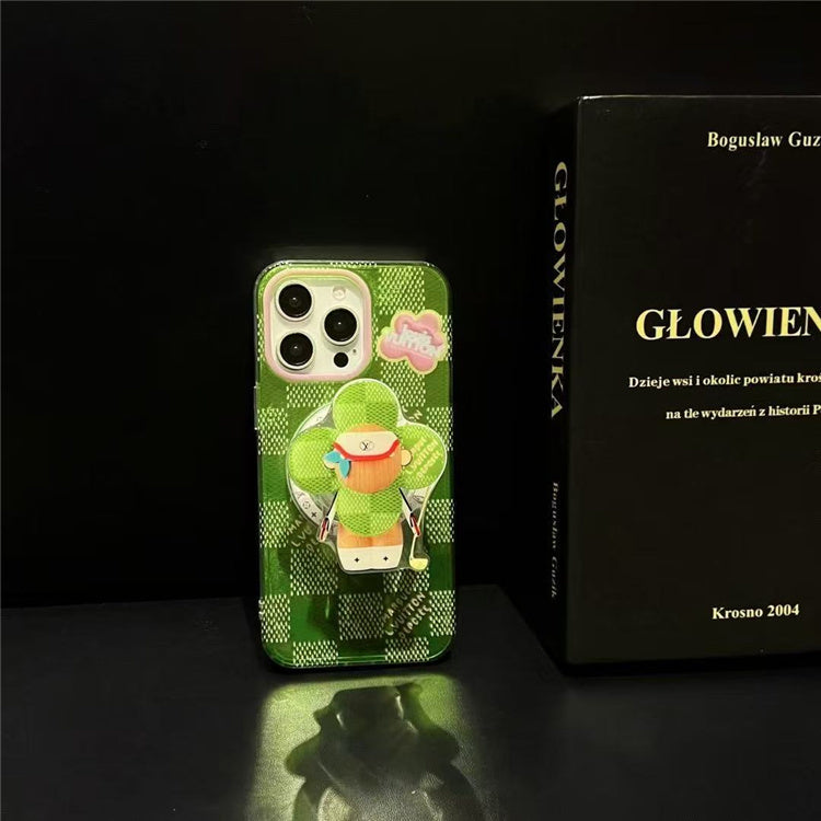 Cute Green Checkered Cartoon iPhone Case with 3D Stand Grip Holder