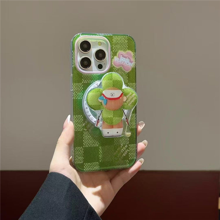 Cute Green Checkered Cartoon iPhone Case with 3D Stand Grip Holder