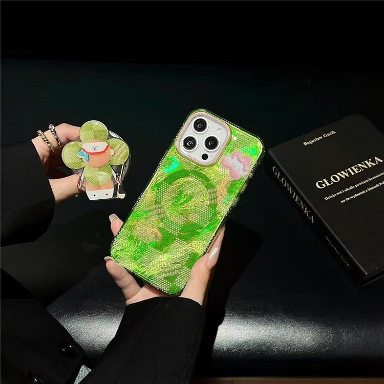 Cute Green Checkered Cartoon iPhone Case with 3D Stand Grip Holder