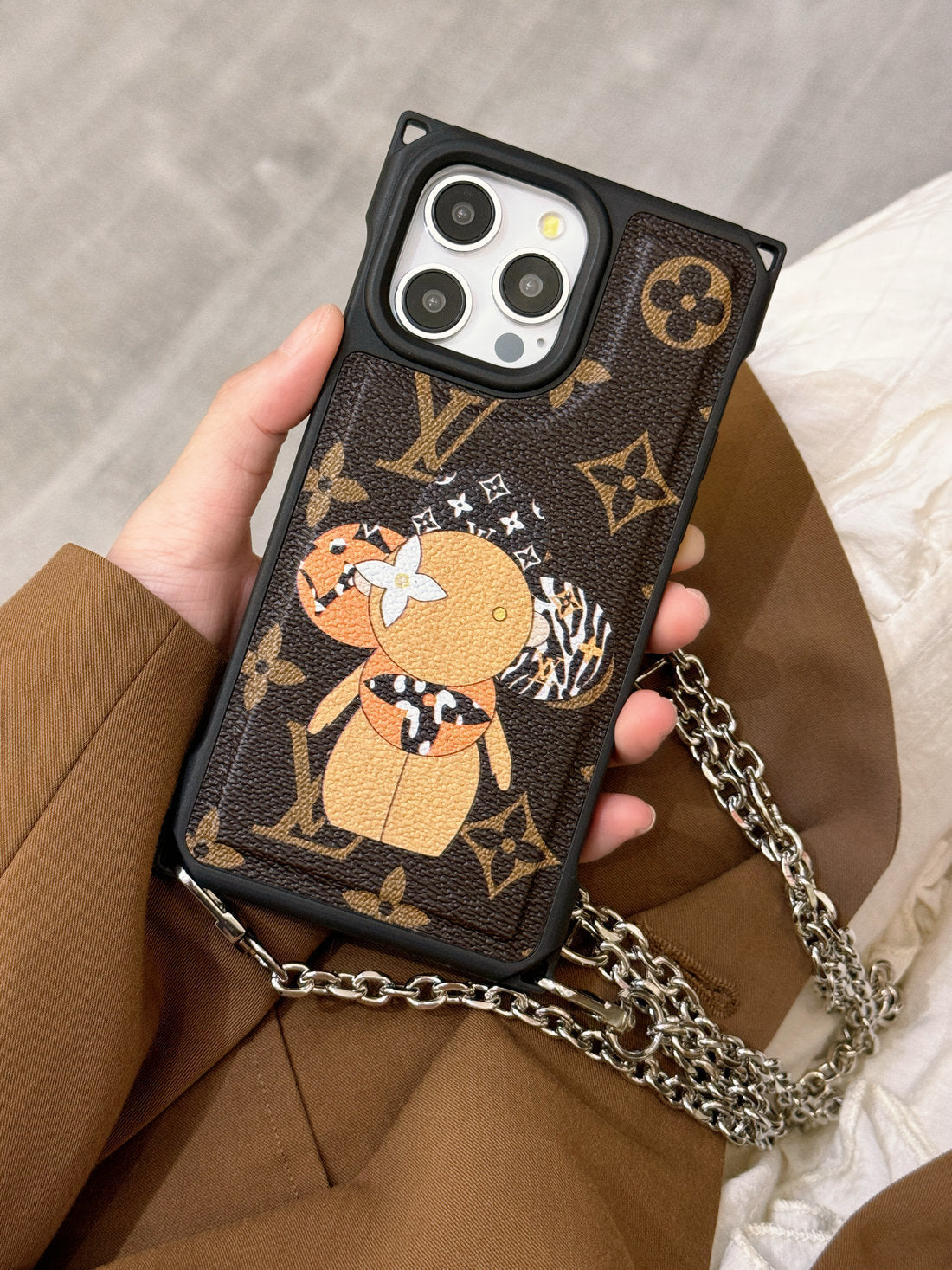 Monogram Bear Leather iPhone Case with Gold Chain Strap