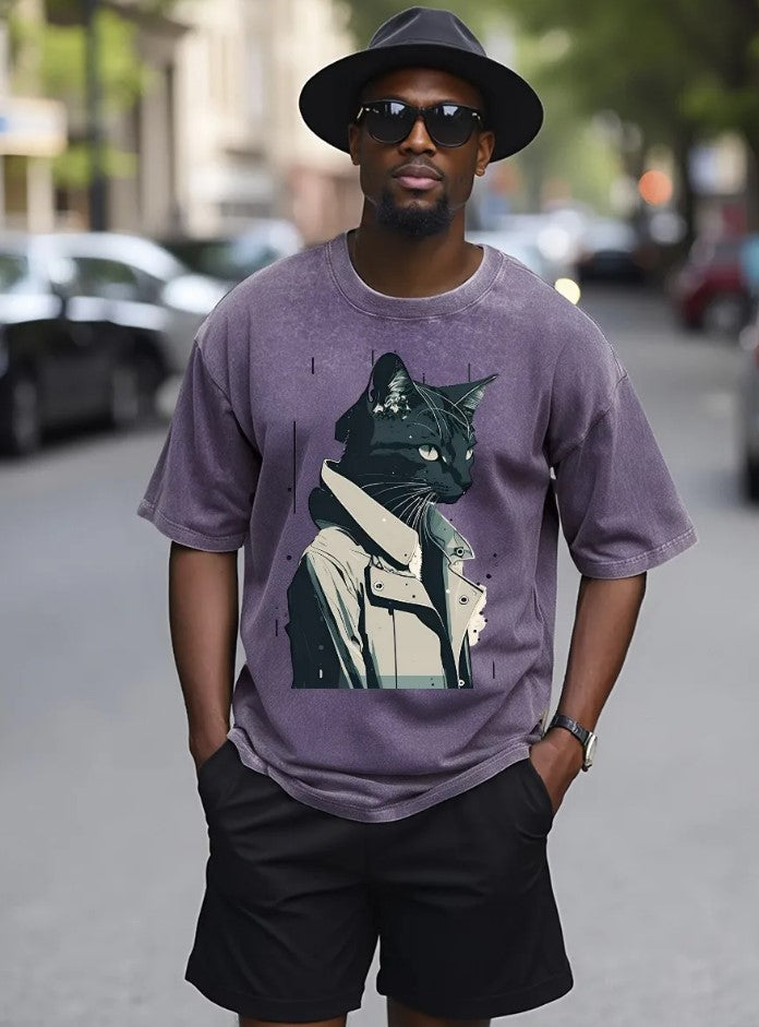 Street Style Graphic Cat T-Shirt – Oversized Vintage Look